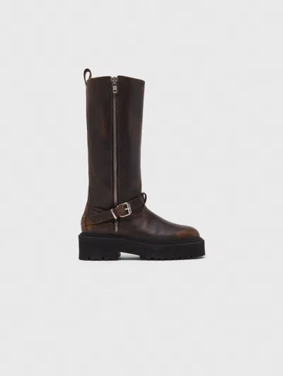 Maje Leather Biker Boots In Brown