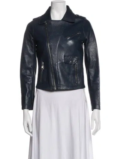 Pre-owned Maje Leather Biker Jacket In Blue