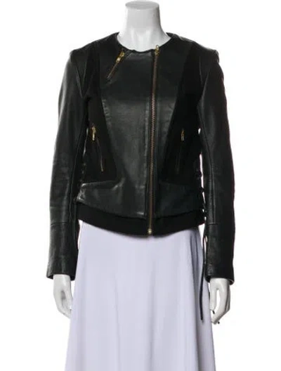 Pre-owned Maje Leather Biker Jacket In Green