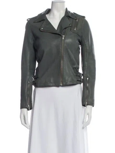 Pre-owned Maje Leather Biker Jacket In Green
