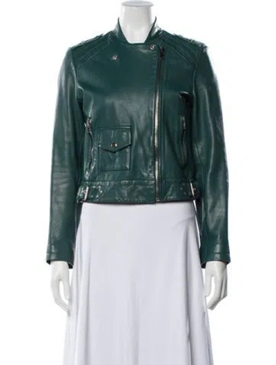 Pre-owned Maje Leather Biker Jacket In Green