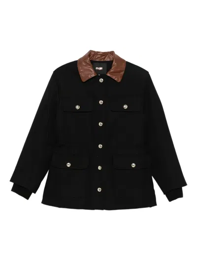 Maje Leather-collar Button-front Jacket In Black