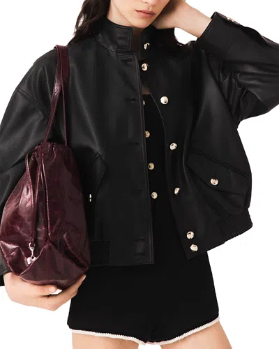 Maje Leather Funnel Neck Jacket In Black