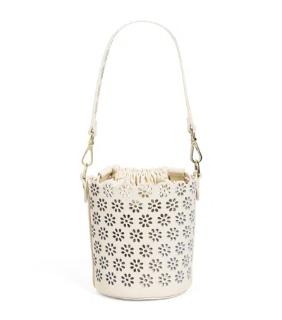Maje Leather Perforated Drawstring Bucket Bag In White