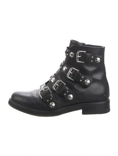 Pre-owned Maje Leather Studded Accents Moto Boots In Black