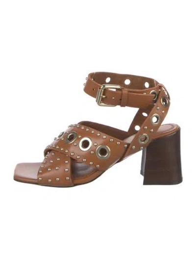 Pre-owned Maje Leather Studded Accents Sandals In Brown