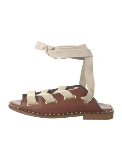 Pre-owned Maje Leather Studded Accents Sandals In Brown