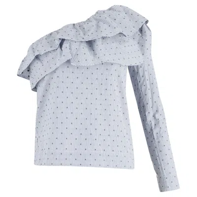 Maje Lelina One Shoulder Ruffle Top In Light Blue Cotton