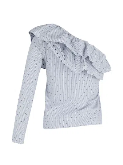 Pre-owned Maje Lelina Ruffled One-shoulder Top In Blue