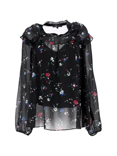 Pre-owned Maje Letra Floral Print Ruffled Blouse In Black