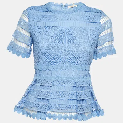 Pre-owned Maje Light Blue Guipure Lace Peplum Top M