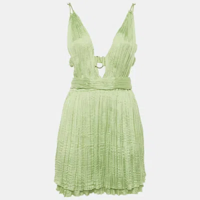 Pre-owned Maje Lime Green Satin Plissé Plunge Neck Mini Dress S