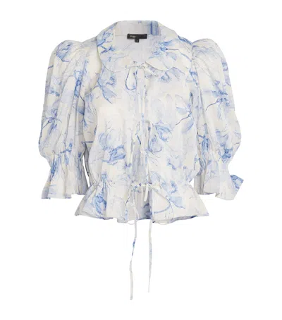 Maje Linen-blend Floral Blouse In Blue