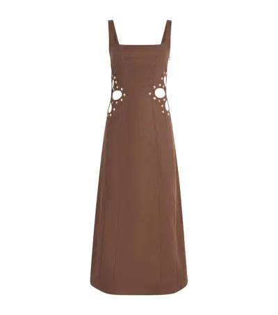 Maje Linen Cut-out Midi Dress In Brown
