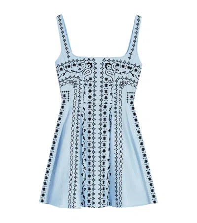 Maje Linen-blend Embroidered Mini Dress In Blue