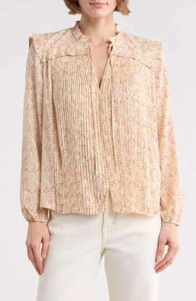 Maje Pleated Floral-print Satin Blouse In Ecru