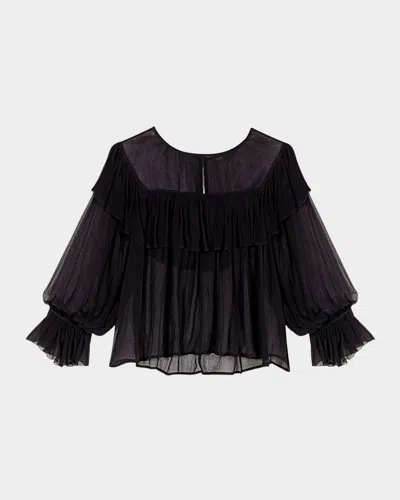 Maje Litan Gathered Sheer Blouse In Black