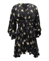 Maje Long Balloon Sleeves Floral Mini Dress In Black Silk In Black