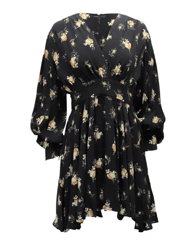 Maje Long Balloon Sleeves Floral Mini Dress In Black Silk