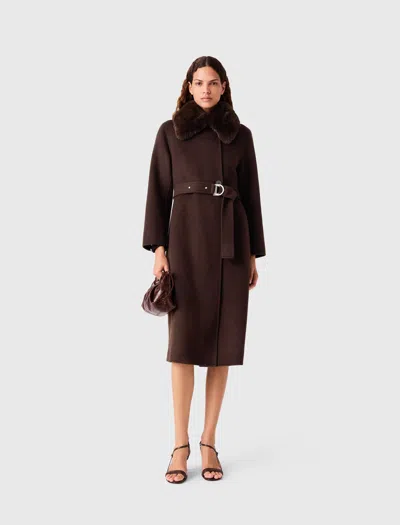 Maje Long Coat With Faux Fur Collar In Brown