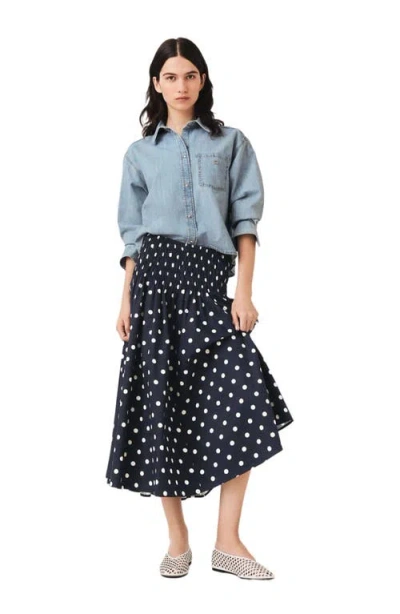Maje Long Cotton Skirt In Navy Dots Print