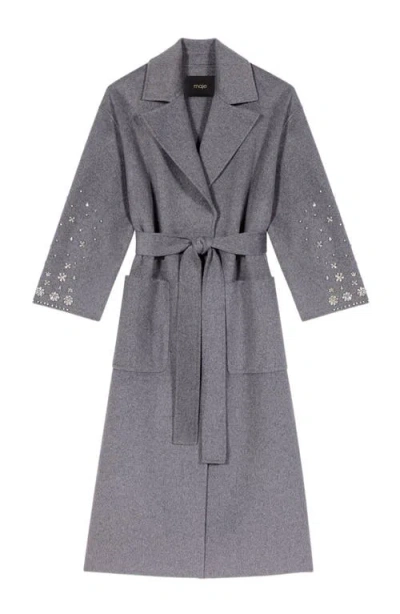 Maje Long Double-faced Rhinestone Coat In Gray