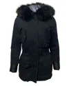 Maje Long Down Jacket With Fur Trim Hoodie In Blue Nylon In Blue