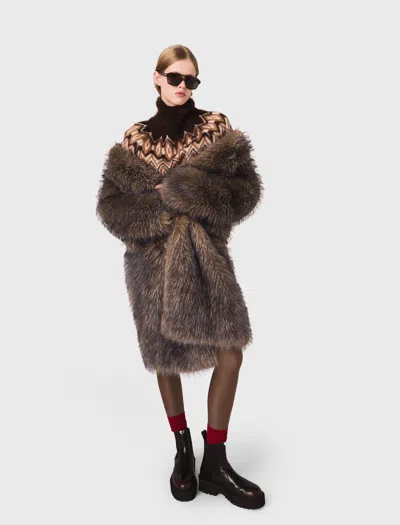Maje Long Faux Fur Coat In Gray