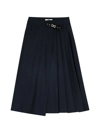 Maje Womens Pleated Buckle-waist Wool-blend Midi Skirt Navy In Blue
