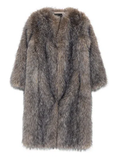 Maje Long-sleeved Faux-fur Coat In Gray