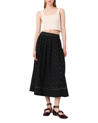 Maje Long Studded Cotton Skirt In Black
