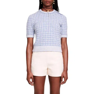 Maje Malonyta Metallic Short Sleeve Crop Sweater In Blue
