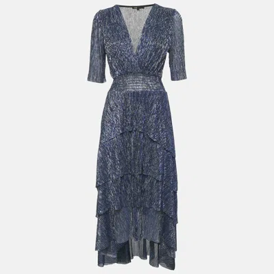 Pre-owned Maje Marine Blue Lurex Knit Ruffled Midi Dress M