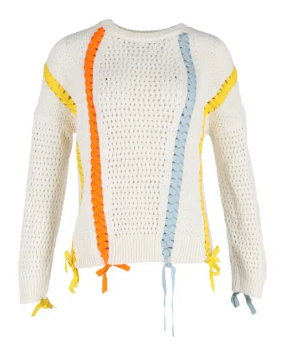 Maje Mascotte Loose-knit Ribbon Detail Sweater In Cream Acrylic Cotton In White