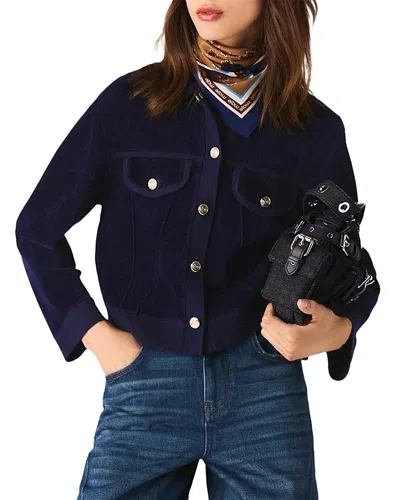 Maje Menjy Cropped Velvet Cardigan Jacket In Blue