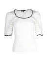 Maje Menta Crochet Sleeve Rib-knit Top In White Viscose In White