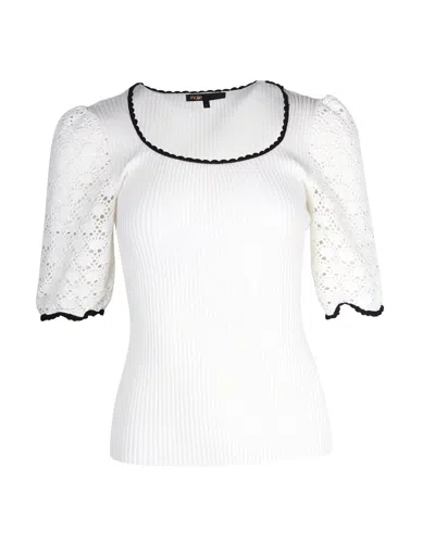 Maje Menta Crochet Sleeve Rib-knit Top In White Viscose