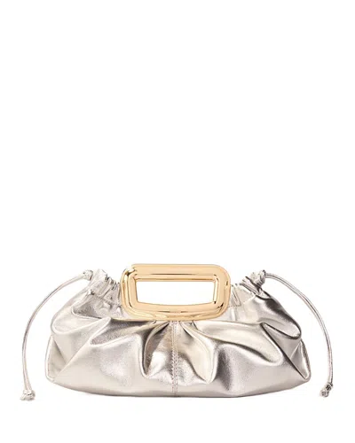 Maje Metal Handle Metallic Leather Clutch In Silver