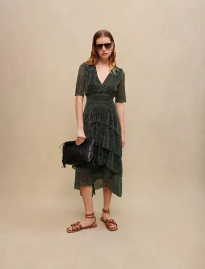 Maje Metallic Fiber Dress With Ruffles For Fall/winter In Green