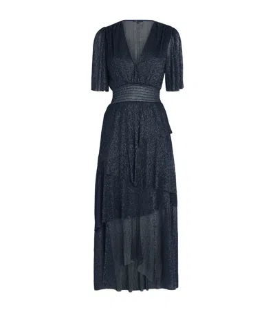 Maje Metallic Pleated Midi Dress In Blue