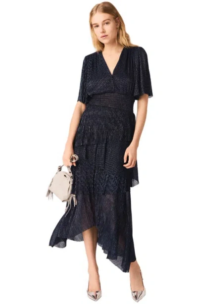 Maje Metallic Ruffled Midi Dress In Black