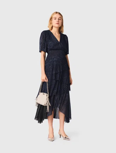 Maje Metallic Ruffled Midi Dress In Blue