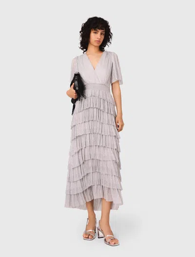 Maje Metallic Ruffled Midi Dress In Neutral