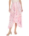 Maje Asymmetric Pleated Printed Satin Midi Skirt In Pink