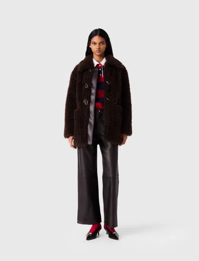 Maje Mid-length Faux Fur Coat In Dark Brown