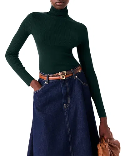 Maje Milko Wool Blend Ribbed Turtleneck Sweater In Bottle Green