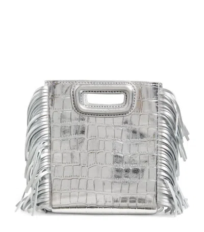 Maje Croc Metallic Leather Mini Shoulder Bag In Silver