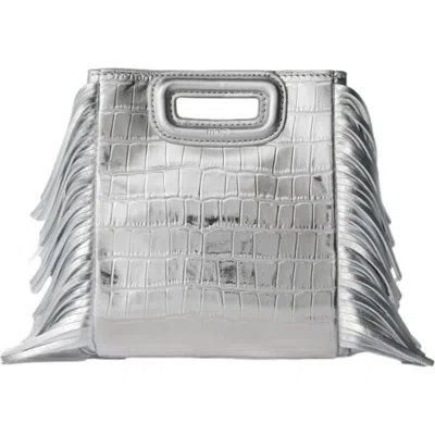 Maje Croc Metallic Leather Mini Shoulder Bag In Silver