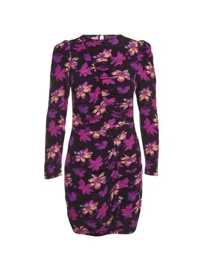 Pre-owned Maje Mini Floral-print Ruched Dress In Black