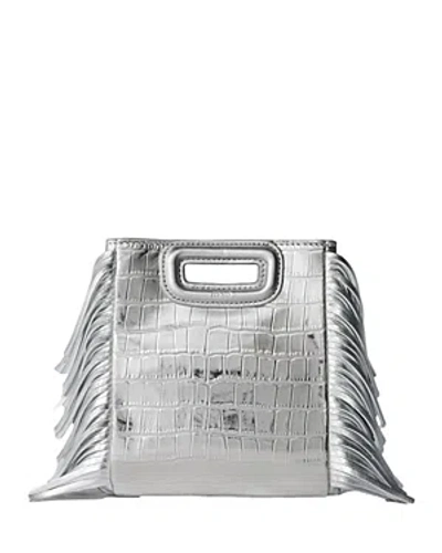 Maje Croc Metallic Leather Mini Shoulder Bag In Silver